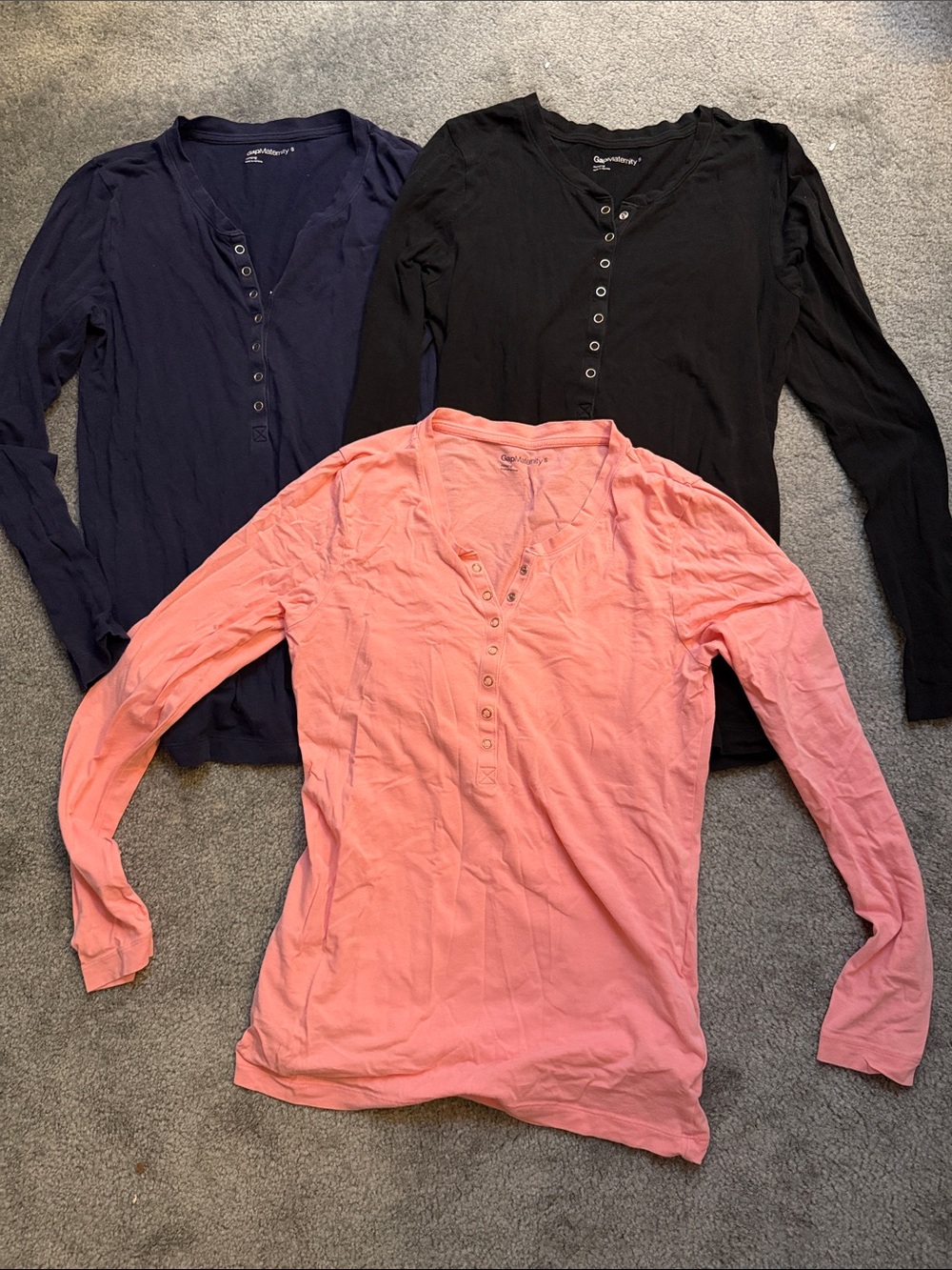 GAP Maternity Bundle Long Sleeve Henley Top with Snap Placket-Coral, Navy, Black